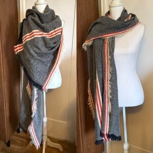 Gray Striped Fringe Scarf / Shawl